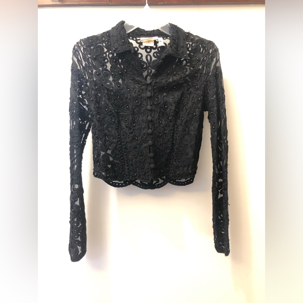 Cache Black Lace Long Sleeve Crop Button Front Top